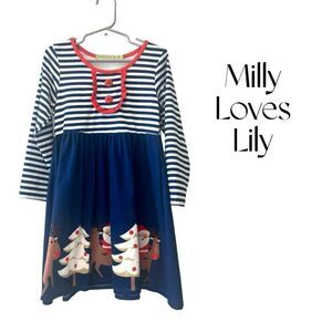 Milly Loves Lilly Girks Blue/white Striped long sleeve Santa dress Sz 6 EUC